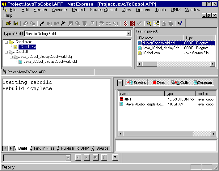 Micro Focus Net Express 3.1 Screenshot eines Projekte zum Aufruf von Cobol Modulen aus Java